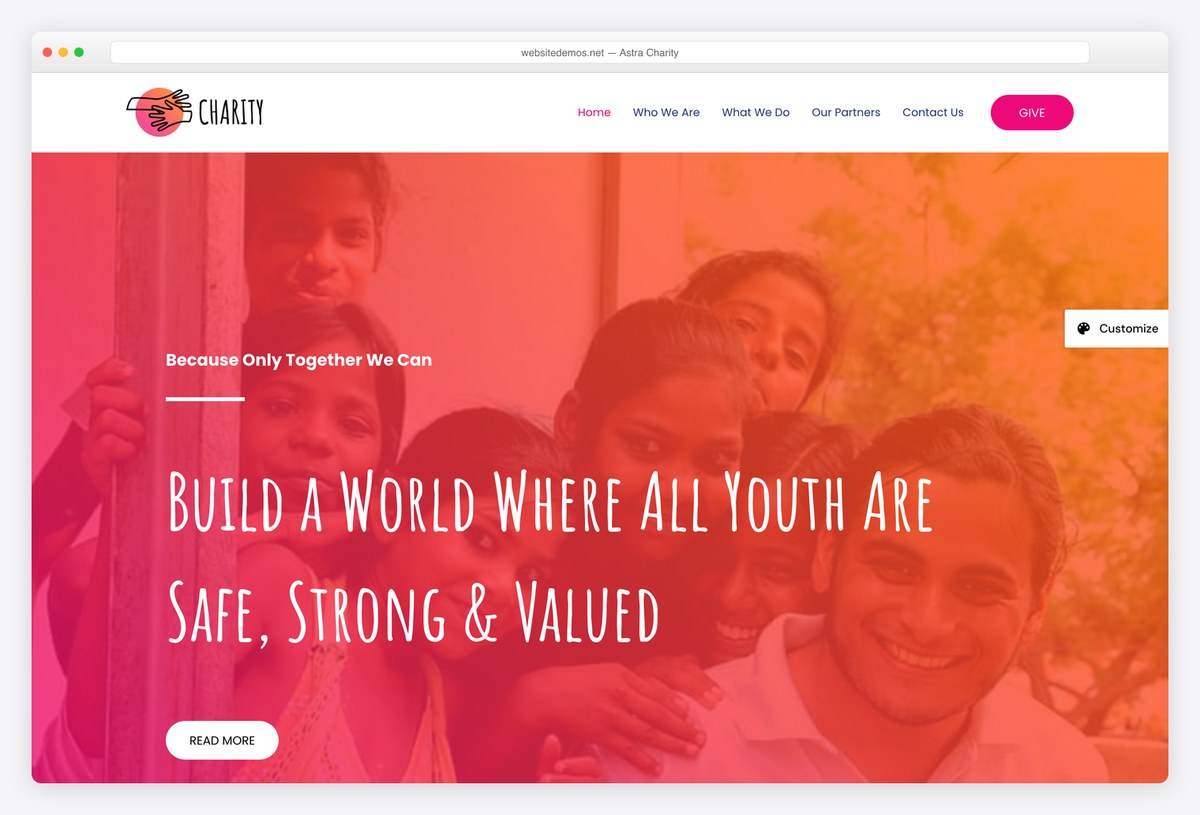 Astra Charity starter template for a nonprofit website