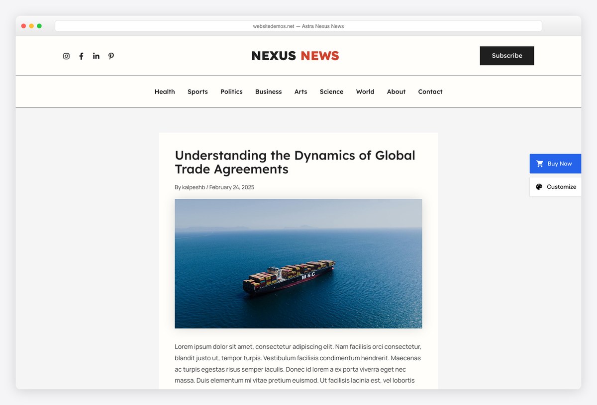 Astra Nexus News starter template for a news website