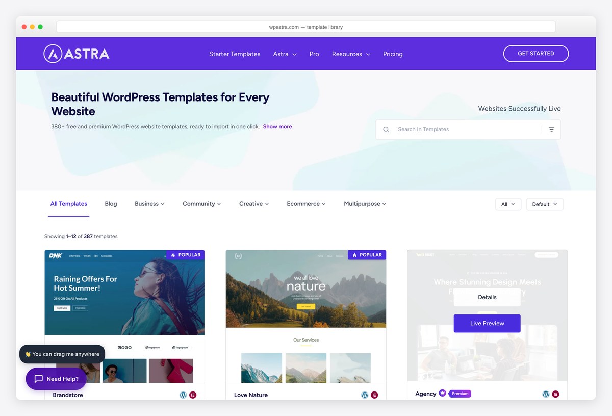 Astra Pro starter template library