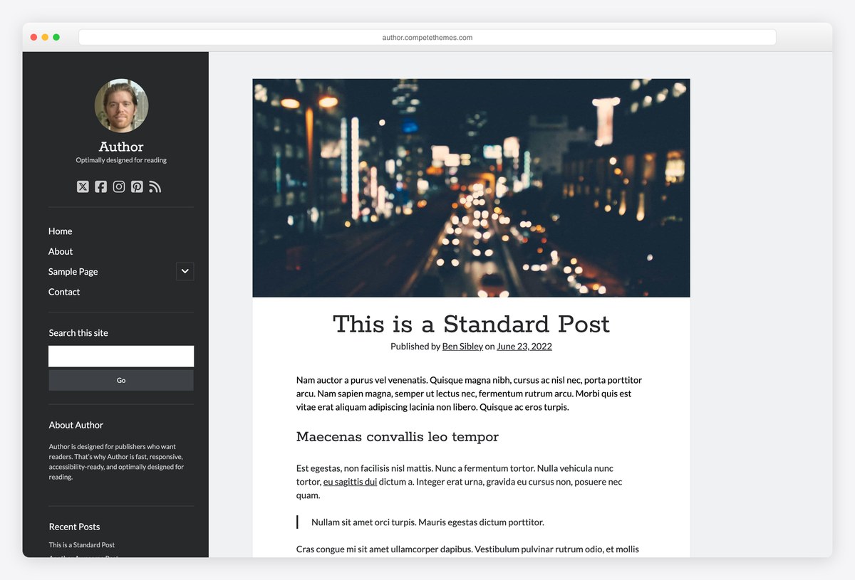 Author free reading-focused WordPress theme demo