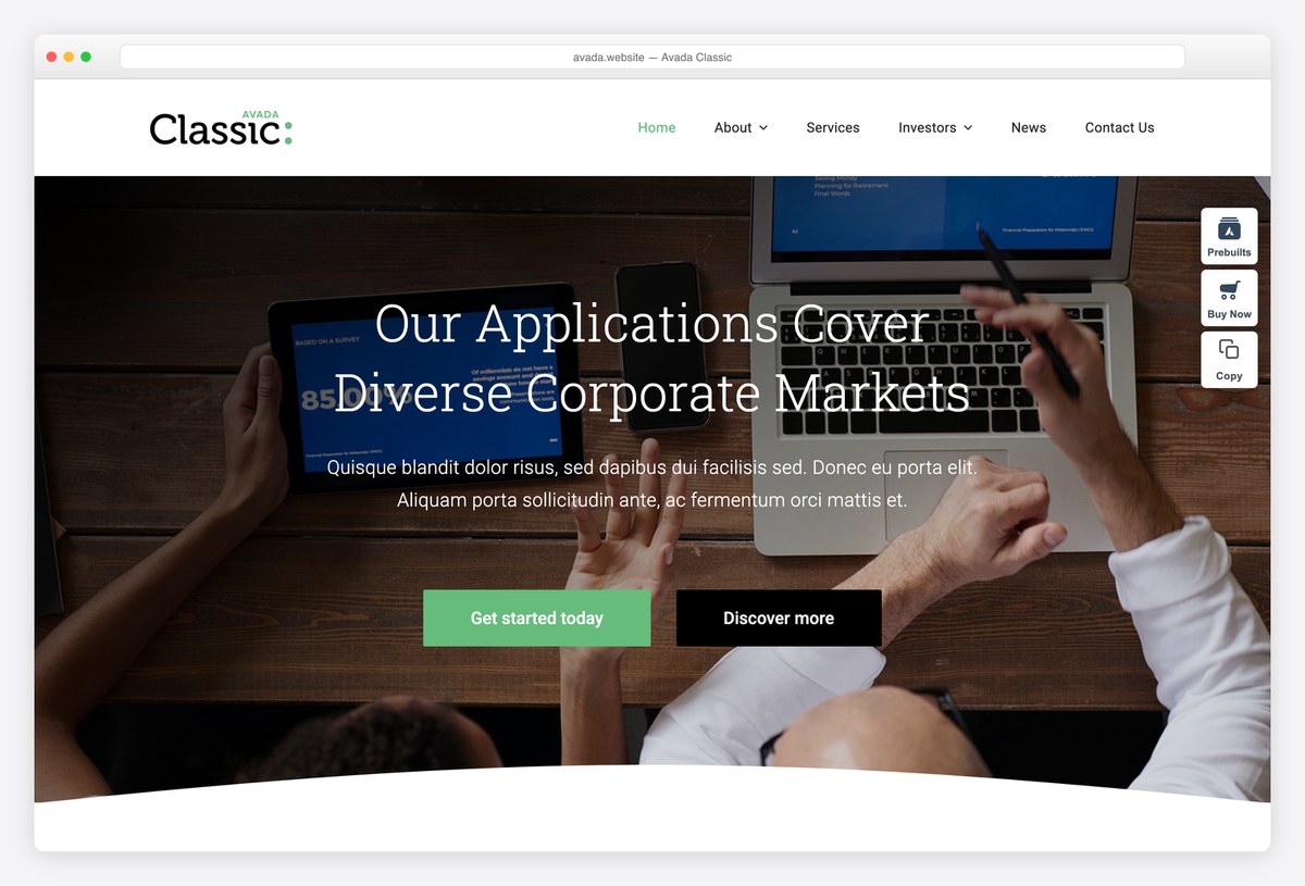 Avada WordPress theme demo with a slider