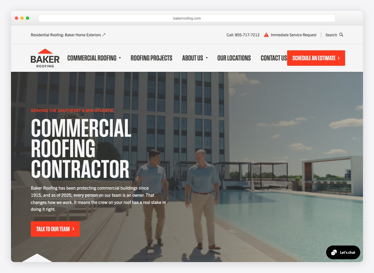 Baker Roofing Company roofing company website homepage
