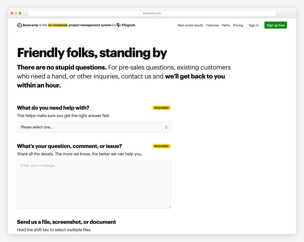 basecamp contact us page