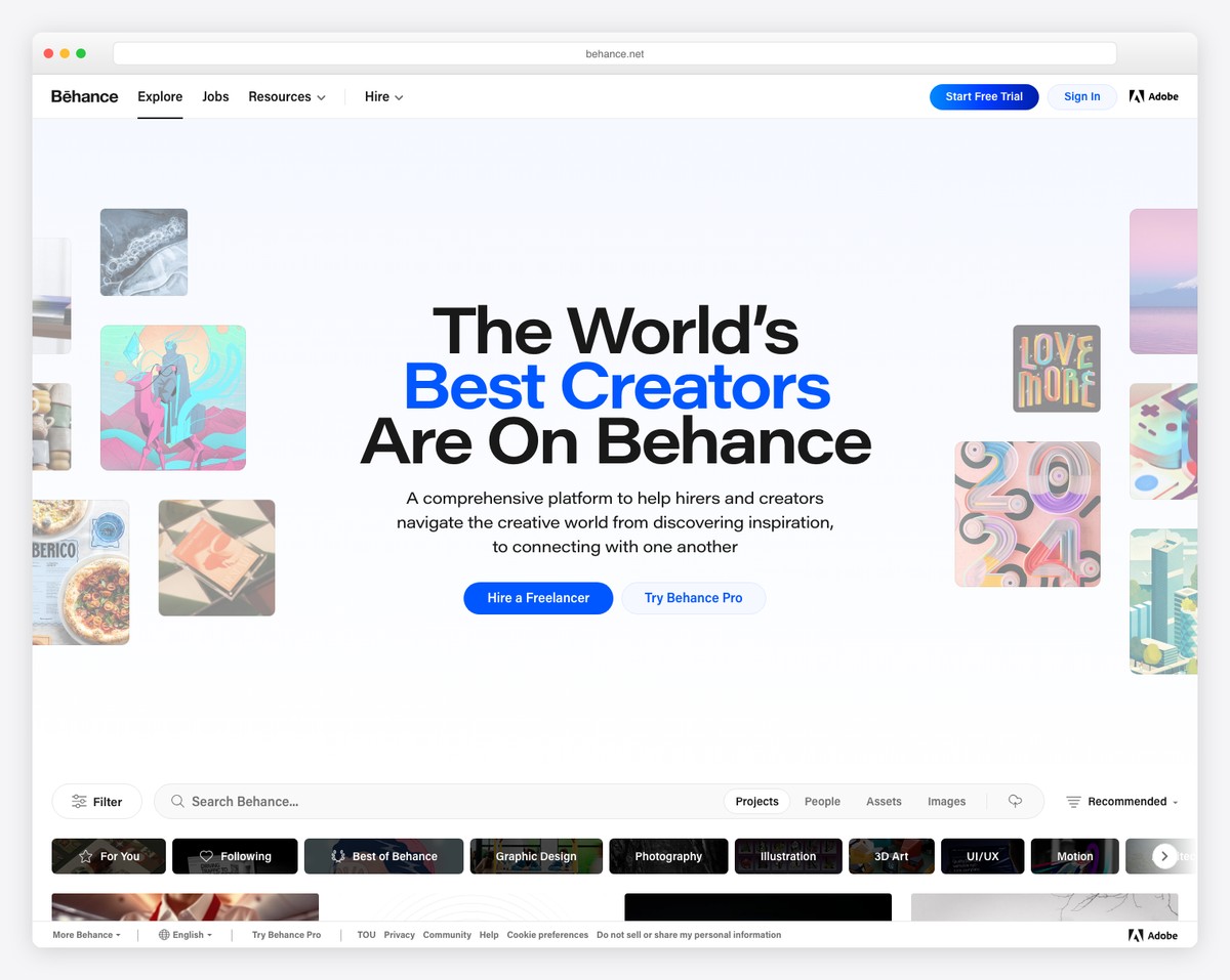 Behance portfolio platform with project showcase and built-in creative community