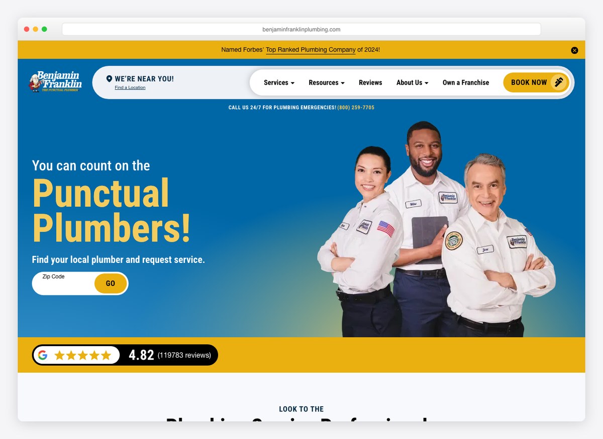 Benjamin Franklin Plumbing plumbing website homepage