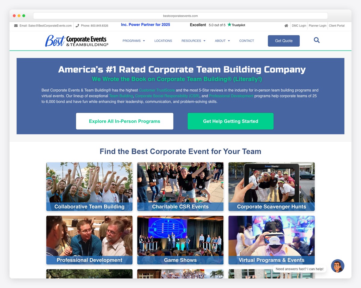 best corporate events website example