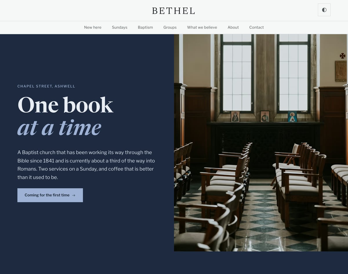 Bethel free Baptist church website template with a teaching series hero