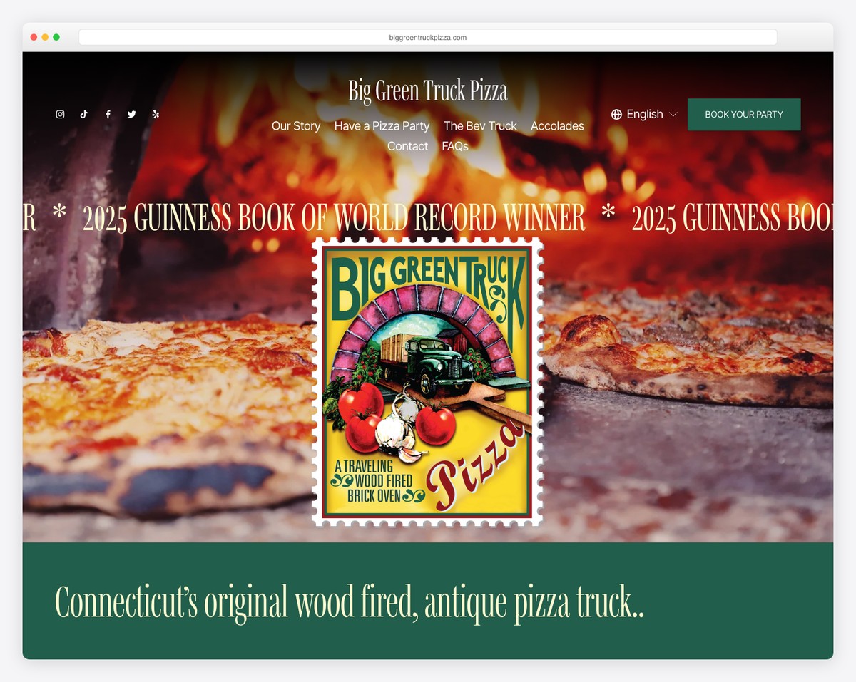 big green truck pizza food truck website example