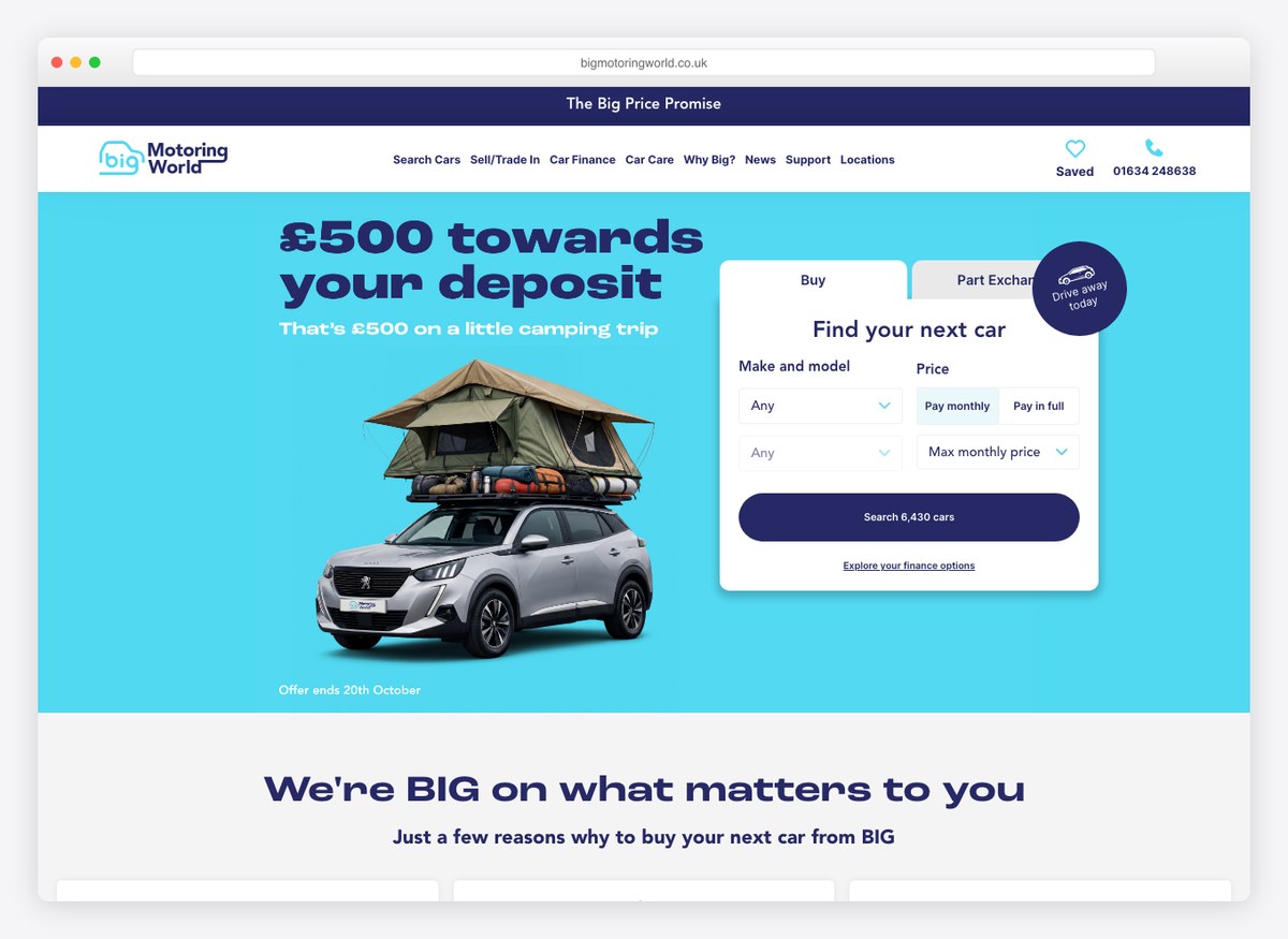 Big Motoring World car dealer website homepage