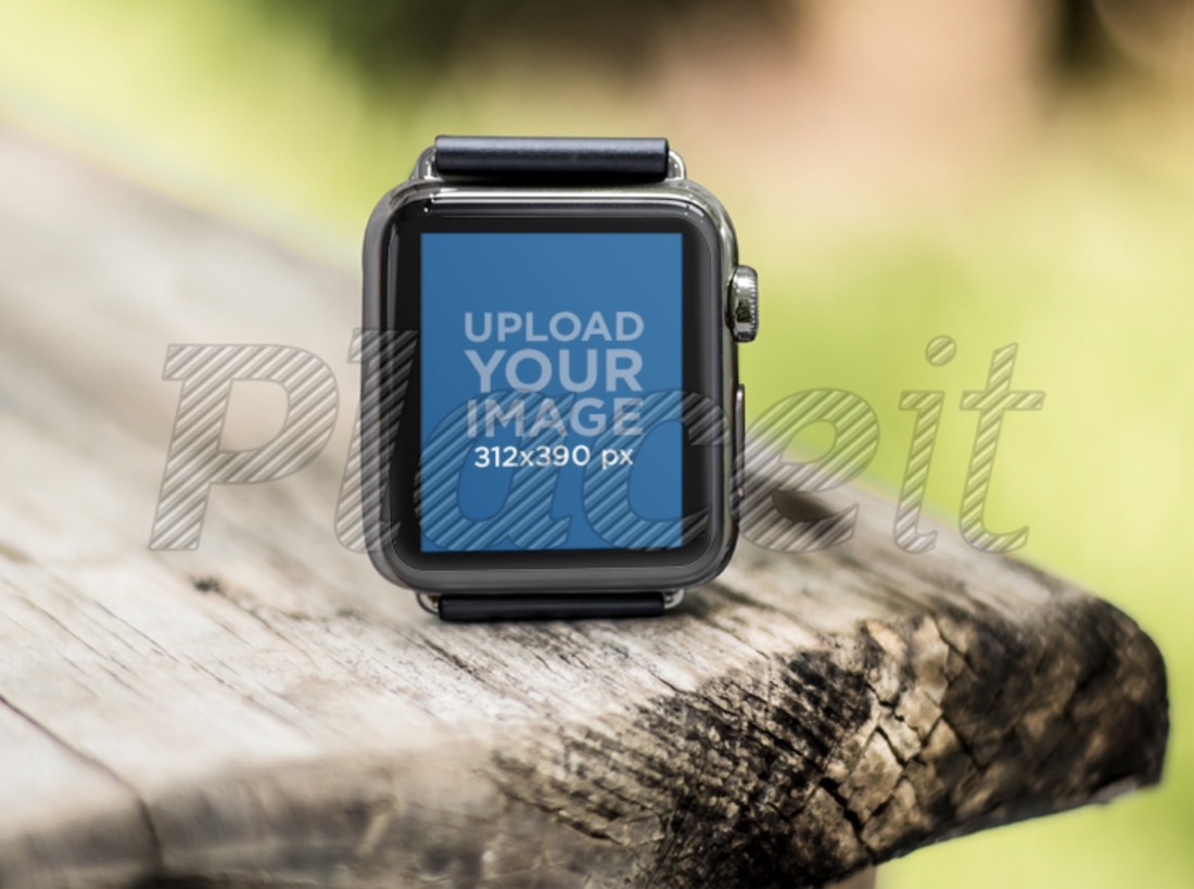 black apple watch on a wooden picnic table at the park mockup