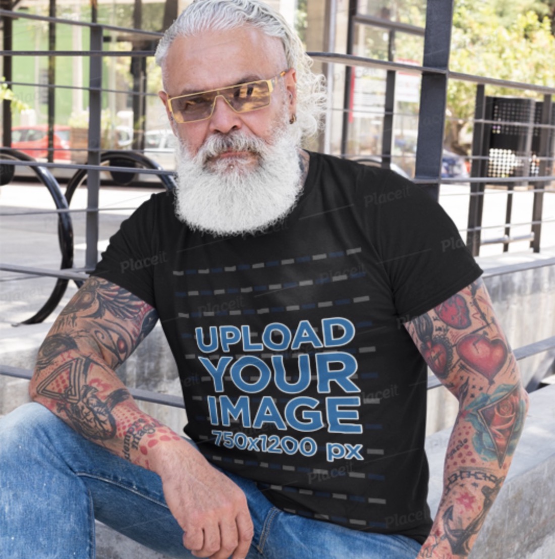 black t-shirt mockup of a senior tattooed man