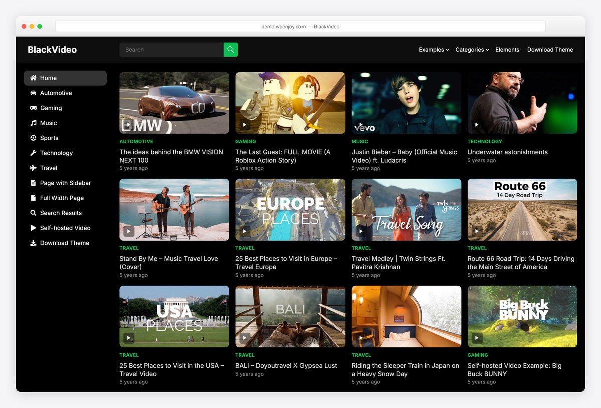 BlackVideo free dark video WordPress theme demo