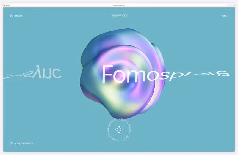 Blobmixer: an iridescent 3D blob named Fomosphere being spun