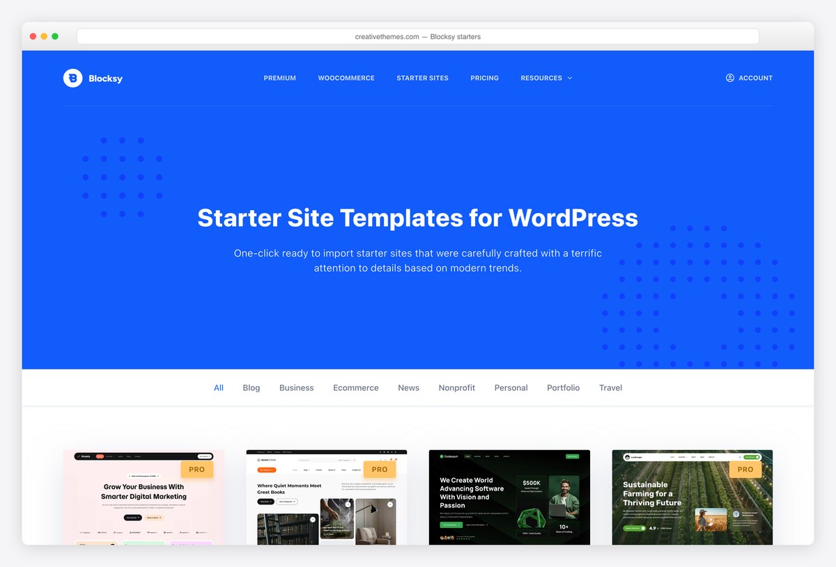 Blocksy Pro starter sites library