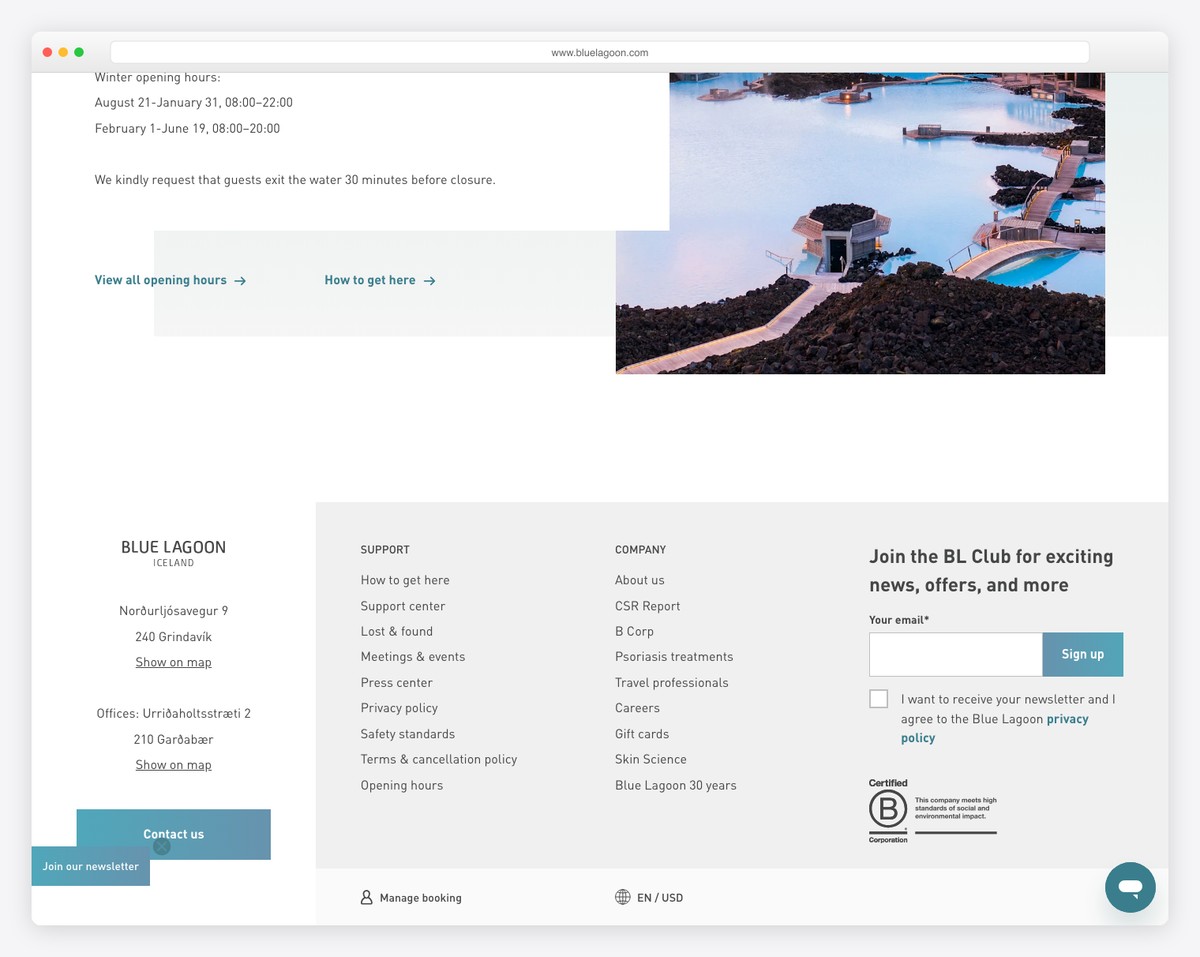Blue Lagoon footer with multi-color design and booking access
