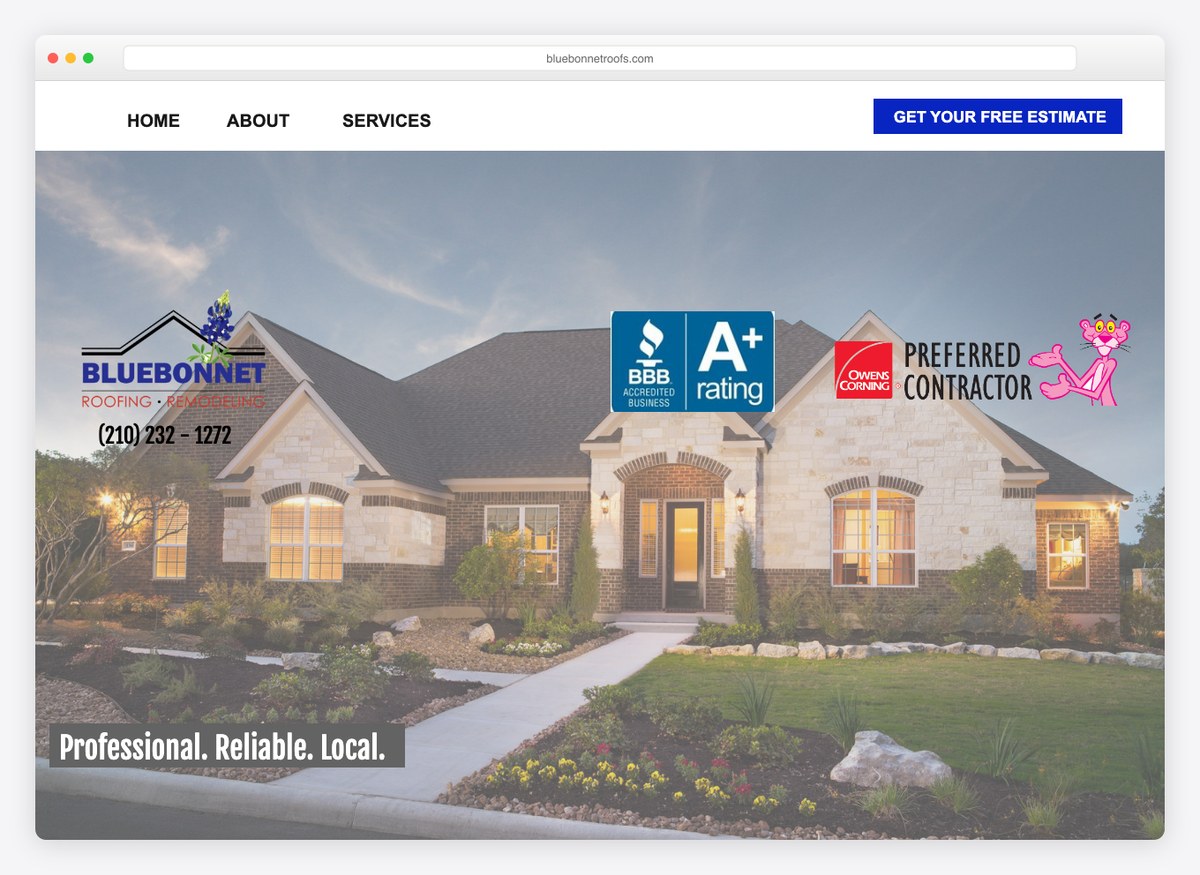 Bluebonnet Roofs roofing company website homepage