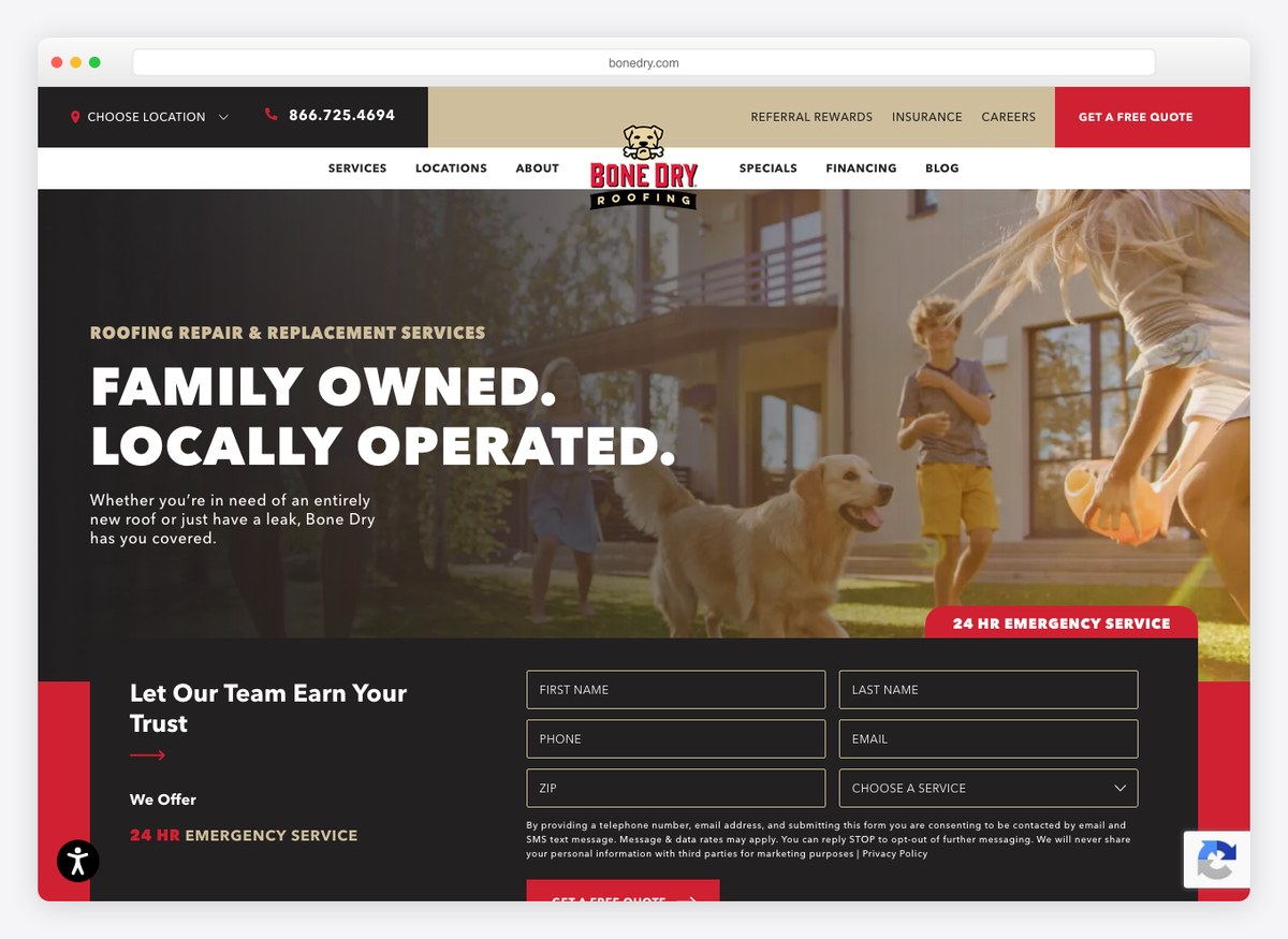 Bone Dry Roofing roofing company website homepage