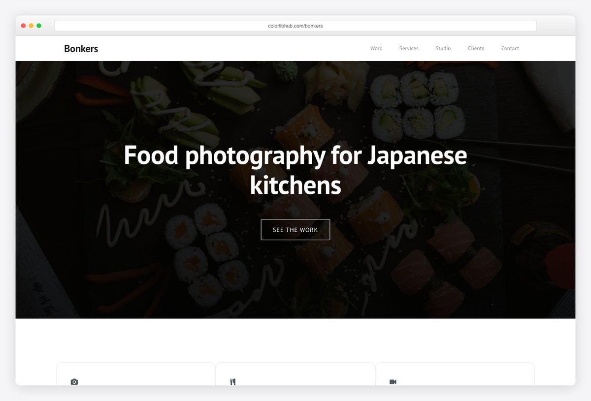 Bonkers free one-page WordPress theme homepage with a food photography headline over a sushi photograph