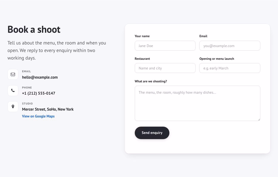 The contact section: studio email, telephone and address beside an enquiry form