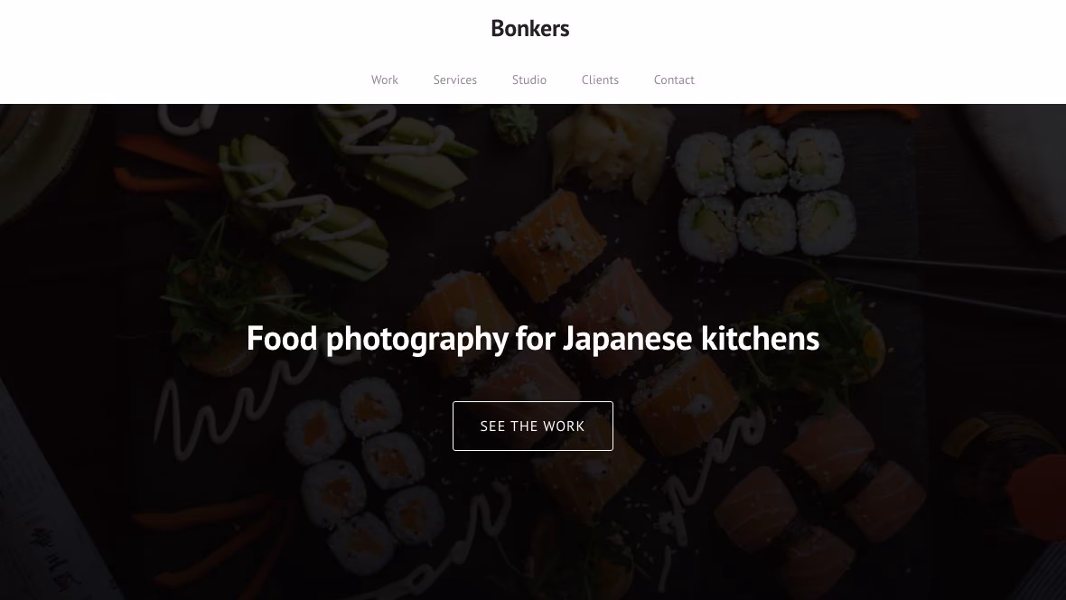 Bonkers front page: the headline “Food photography for Japanese kitchens” over a dimmed photograph of sushi, with a See the work button
