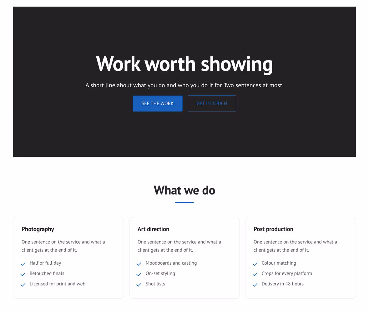 Bonkers block patterns in use: a dark banner with a headline and two buttons, then three service cards with checklists