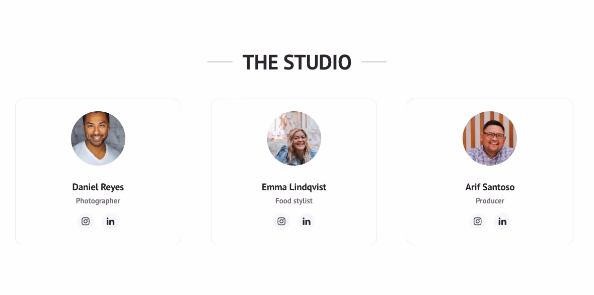 The studio’s team section: three people, each with a portrait, a name, a role and social links