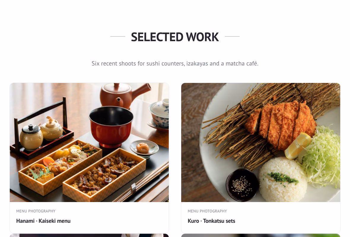 The Selected work grid: project cards, each with a photograph, a category and a title, starting with a kaiseki menu and tonkatsu sets