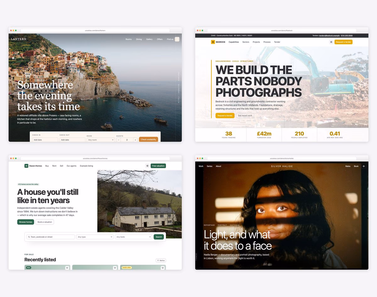 Free Bootstrap 6 website templates — Lantern hotel, Bedrock construction, Haven Homes real estate and Silver Halide photography template screenshots