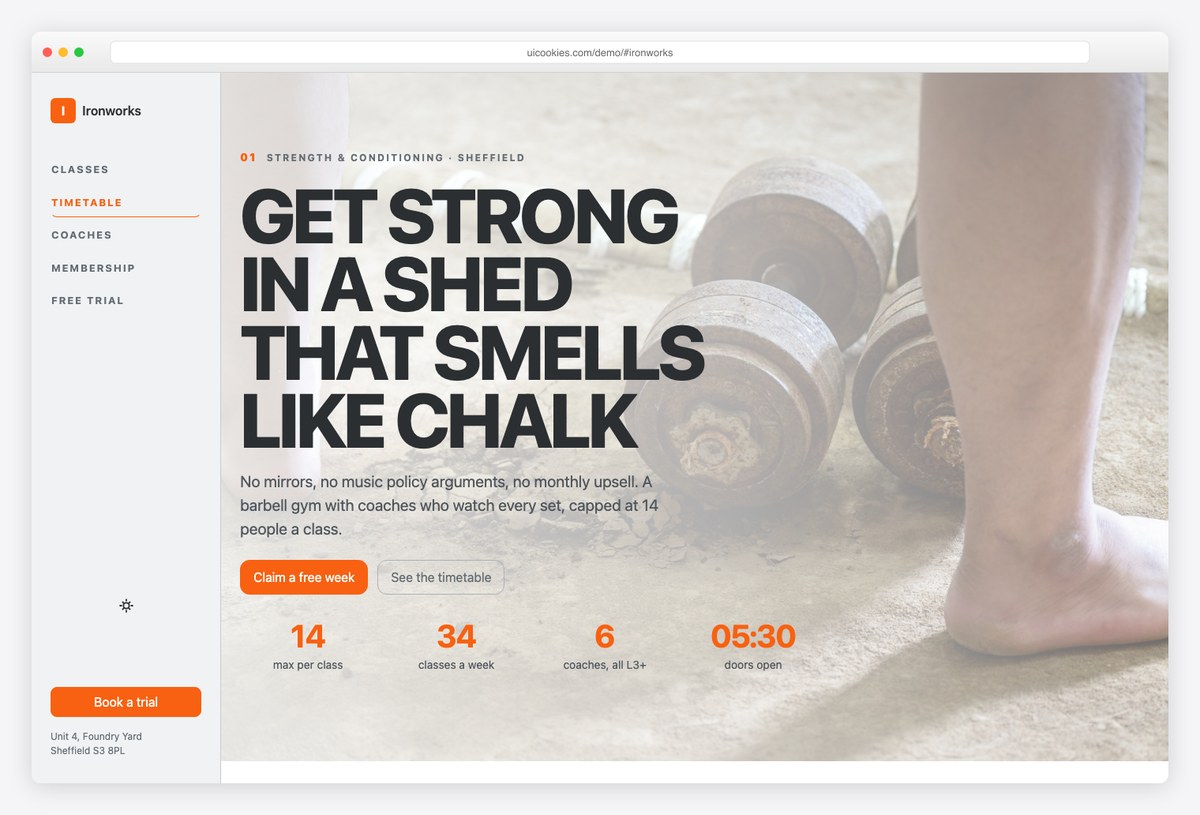 Ironworks free Bootstrap 6 gym template with vertical navigation and class timetable