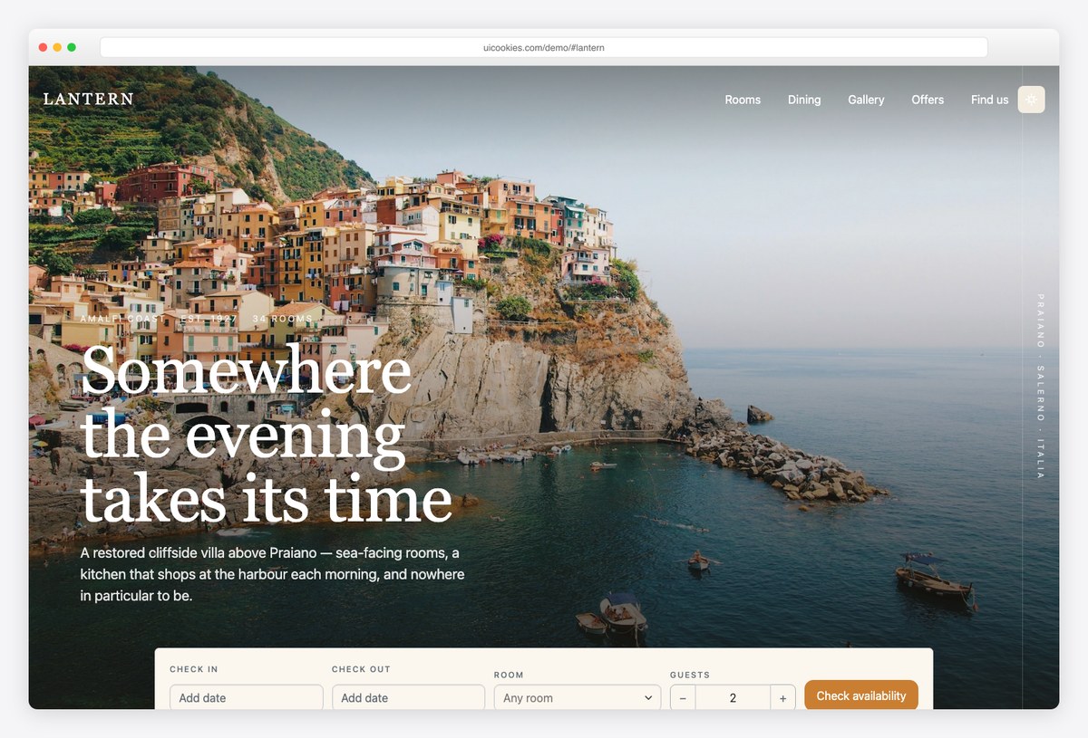 Lantern free Bootstrap 6 hotel template with date-range booking bar