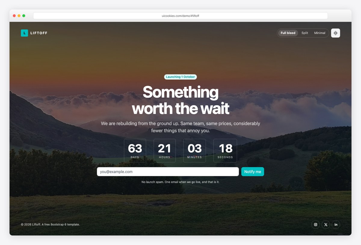 Liftoff free Bootstrap 6 coming soon template with countdown
