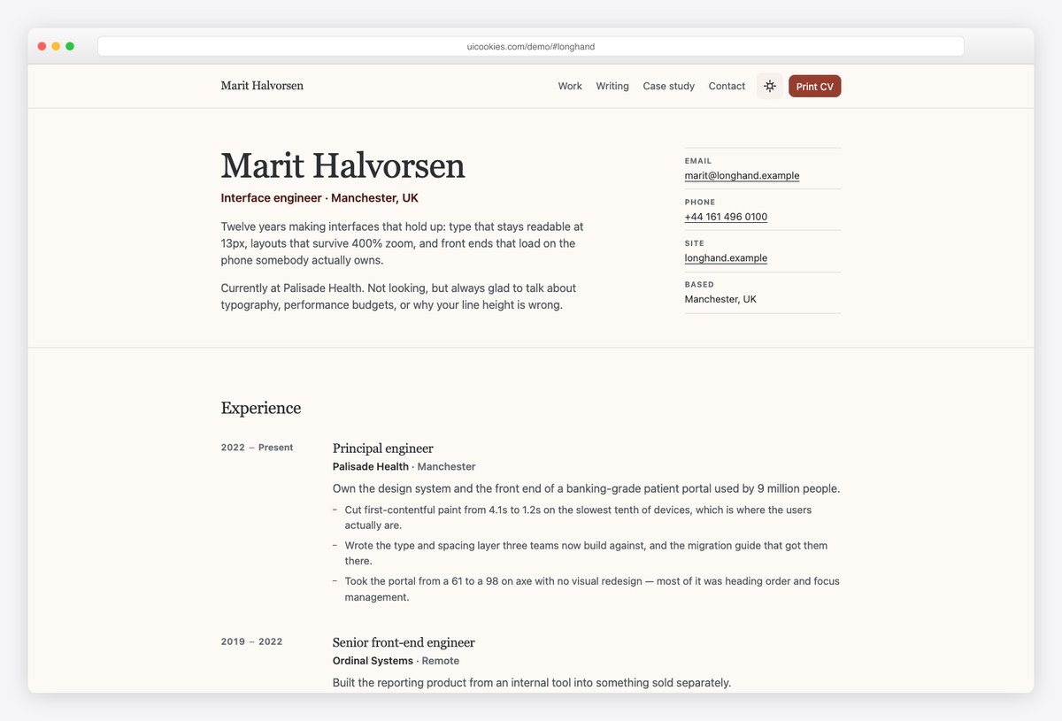 Longhand free Bootstrap 6 personal website and CV template