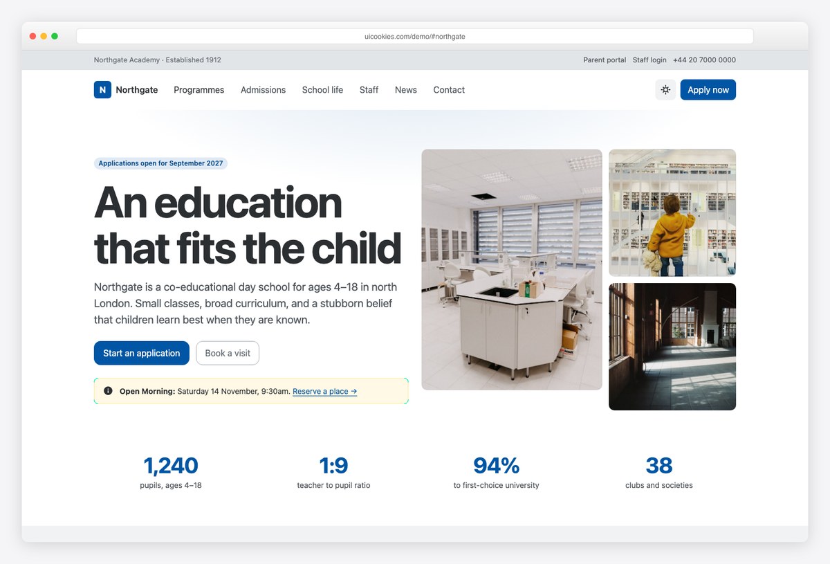 Northgate free Bootstrap 6 school and college template with admissions steps