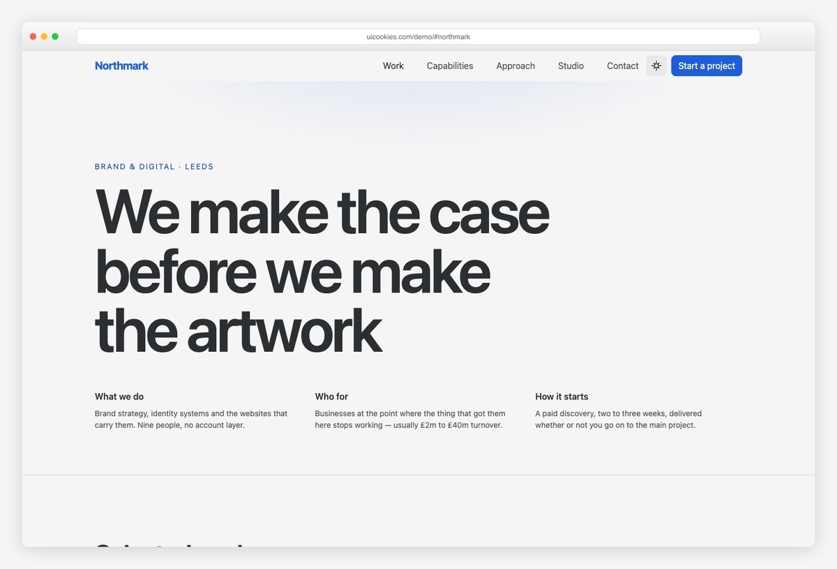 Northmark free Bootstrap 6 creative agency template with full-width project rows