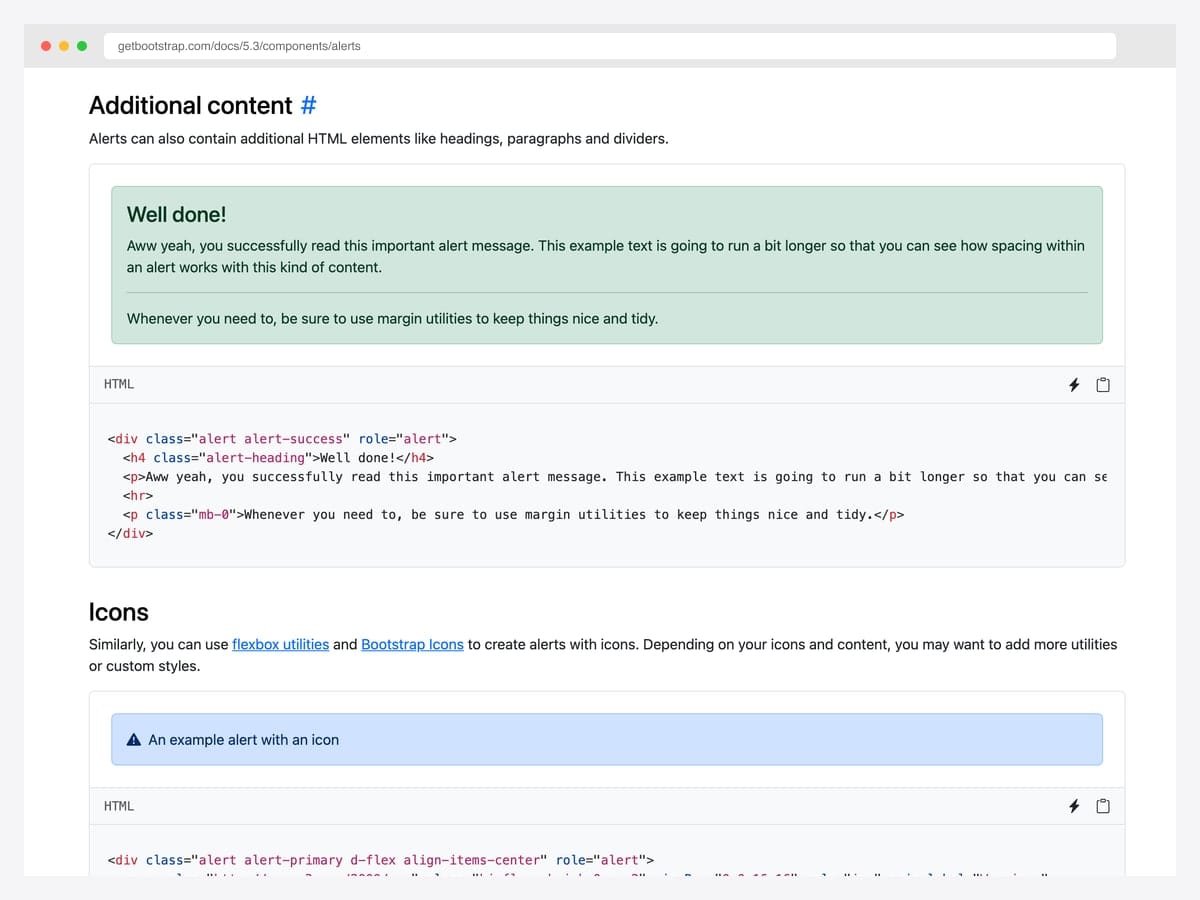 Bootstrap 5 success alert with additional content — 'Well done!' heading, body paragraph, horizontal divider, and closing paragraph — plus the corresponding HTML markup