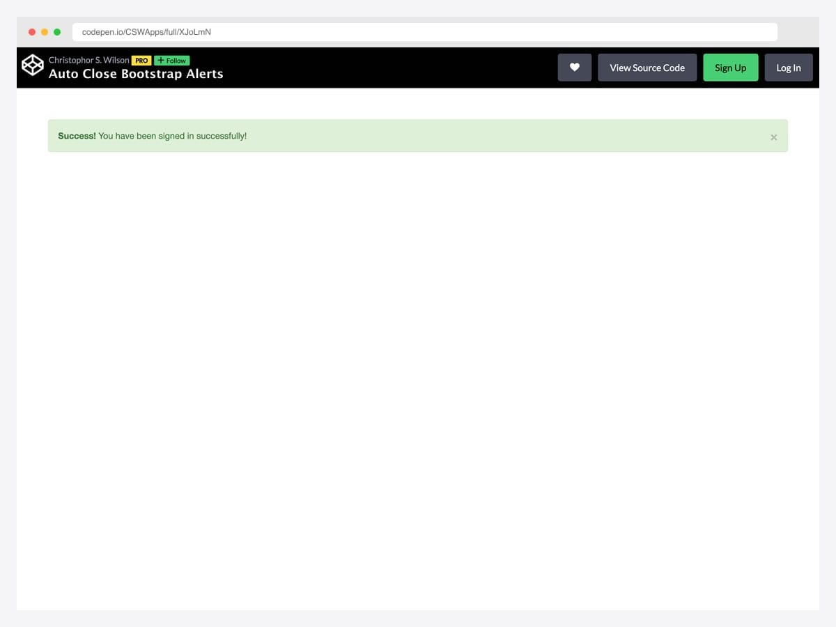 Auto-closing Bootstrap success alert reading 'Success! You have been signed in successfully!' shown mid-fade before its setTimeout dismissal