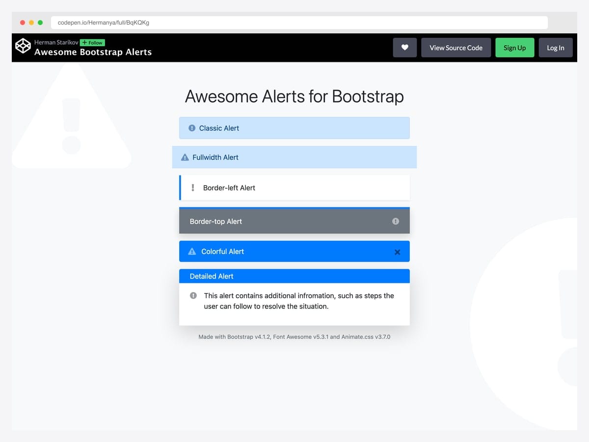 Awesome Bootstrap Alerts collection by Hermanya — classic, full-width, and border-left alert styles with Animate.css entrance animations