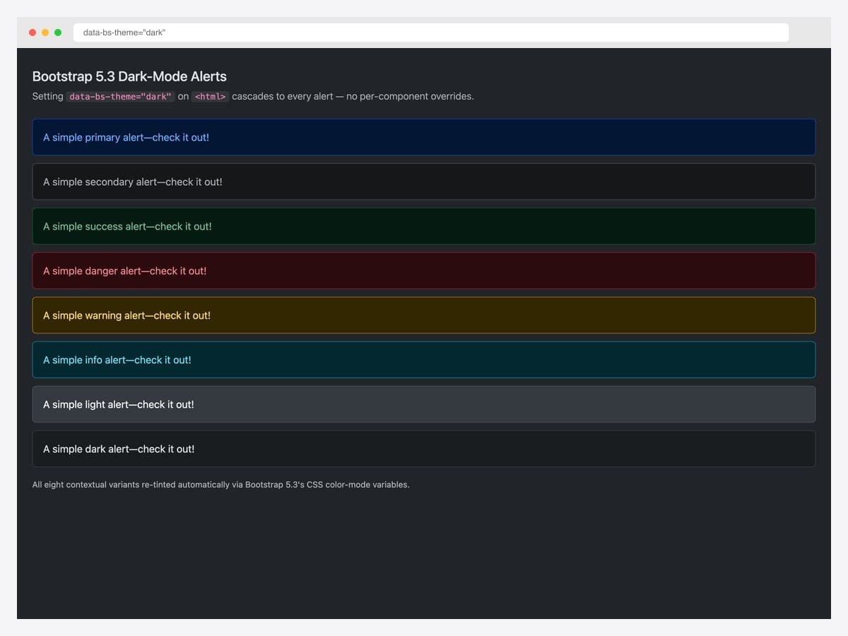 Bootstrap 5.3 dark-mode demo showing all eight contextual alert variants under data-bs-theme=dark with the dark color-mode CSS variable cascade applied