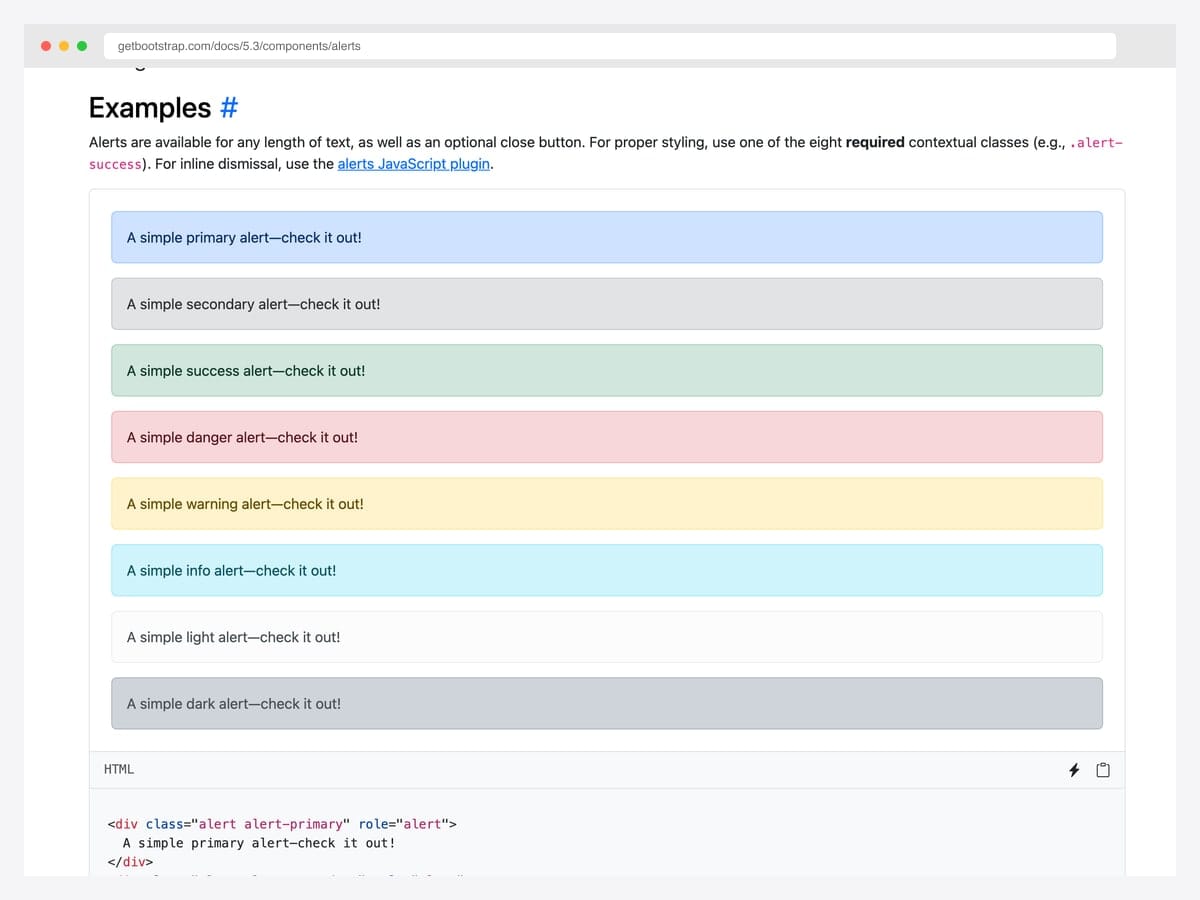 All eight default Bootstrap 5 alert contextual variants — primary, secondary, success, danger, warning, info, light, and dark — from the official docs