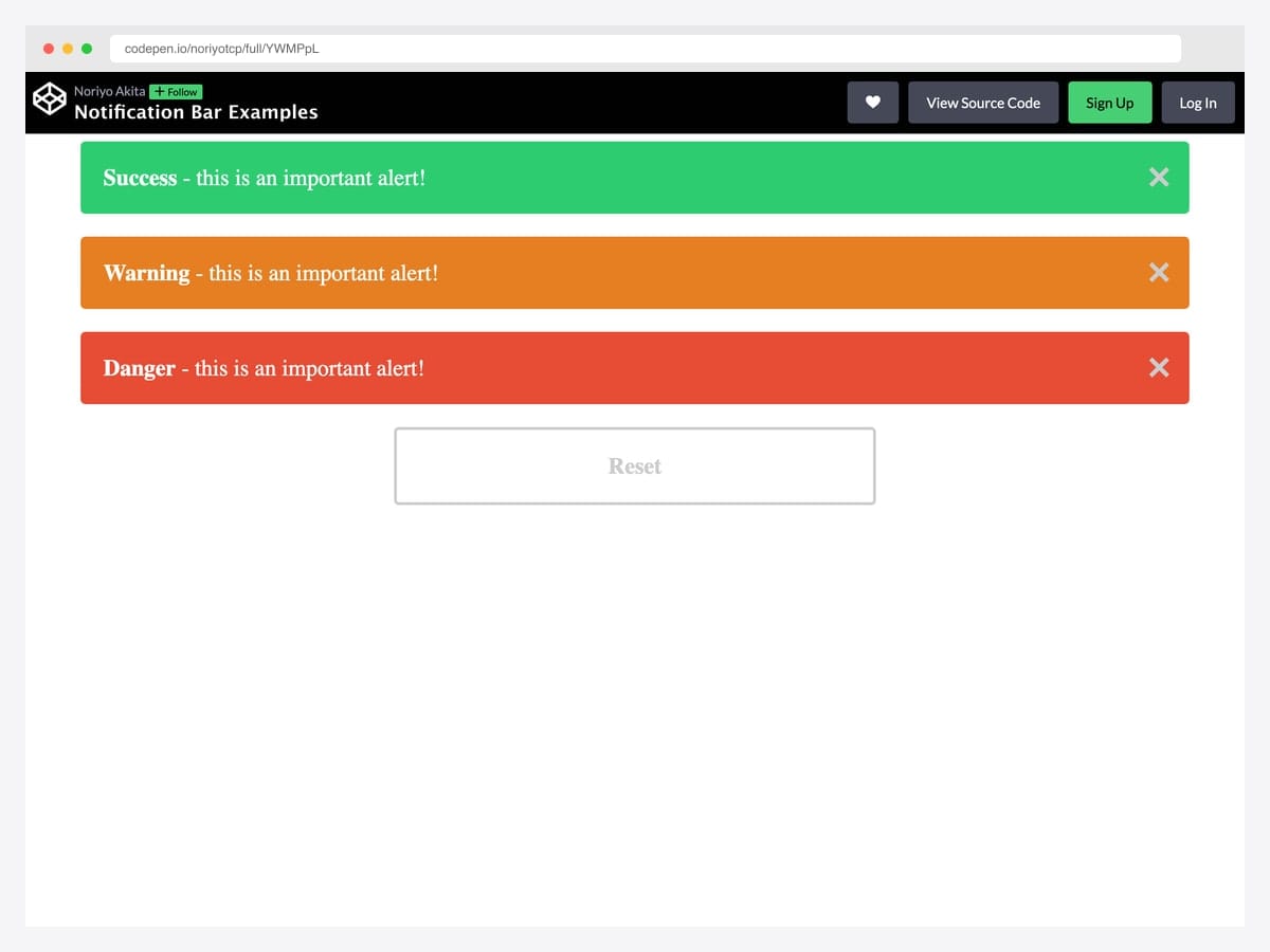 Three full-width edge-to-edge Bootstrap notification bars by noriyotcp — Success in green, Warning in orange, and Danger in red — each with a dismiss button