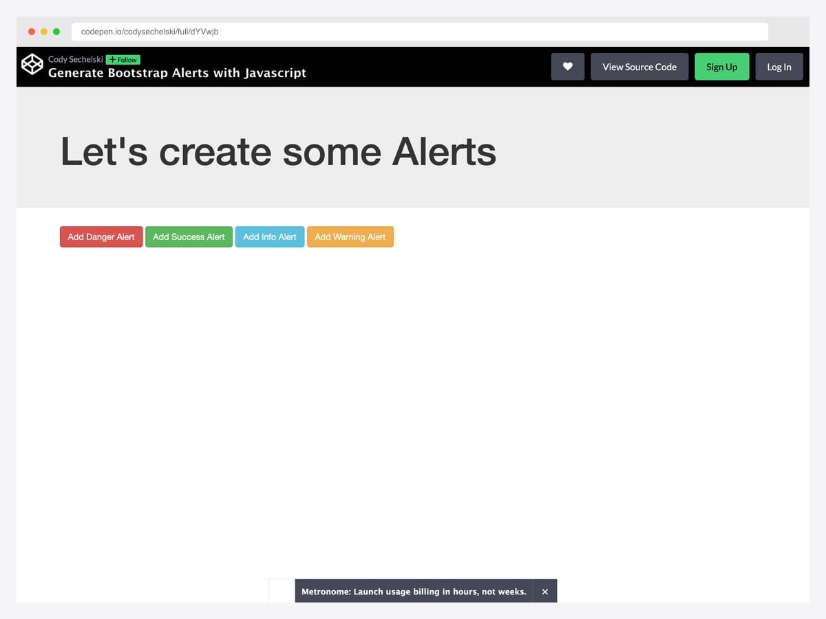 Bootstrap alert generator demo by Cody Sechelski with four colored buttons that spawn dismissible alerts dynamically via JavaScript