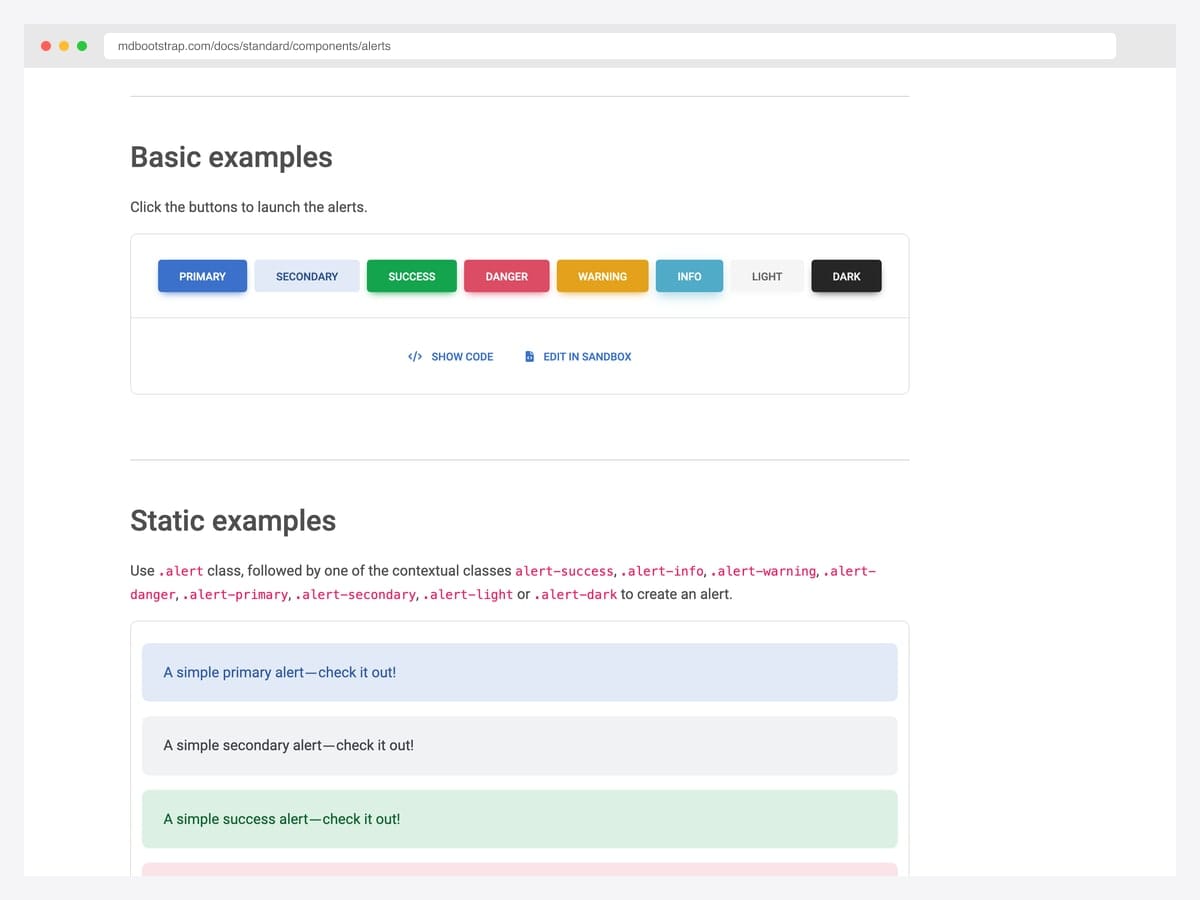 MDBootstrap's Material-styled alert variants and interactive button row showing primary, secondary, success, danger, warning, info, light, and dark