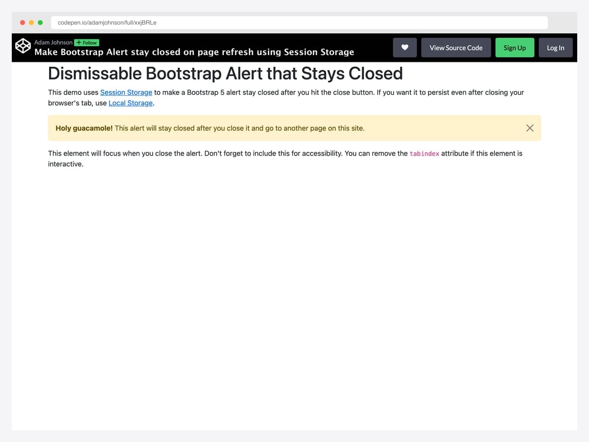 Bootstrap dismissible warning alert that persists its closed state across page refreshes using sessionStorage, with explanatory description text