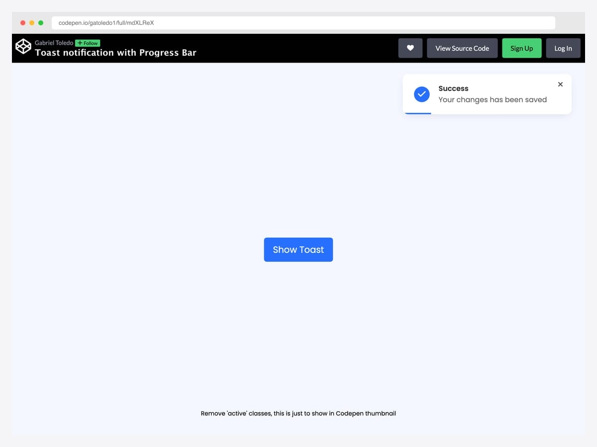 Bootstrap toast-style alert with a countdown progress bar and animated success checkmark, pinned to the top-right corner above a 'Show Toast' trigger button