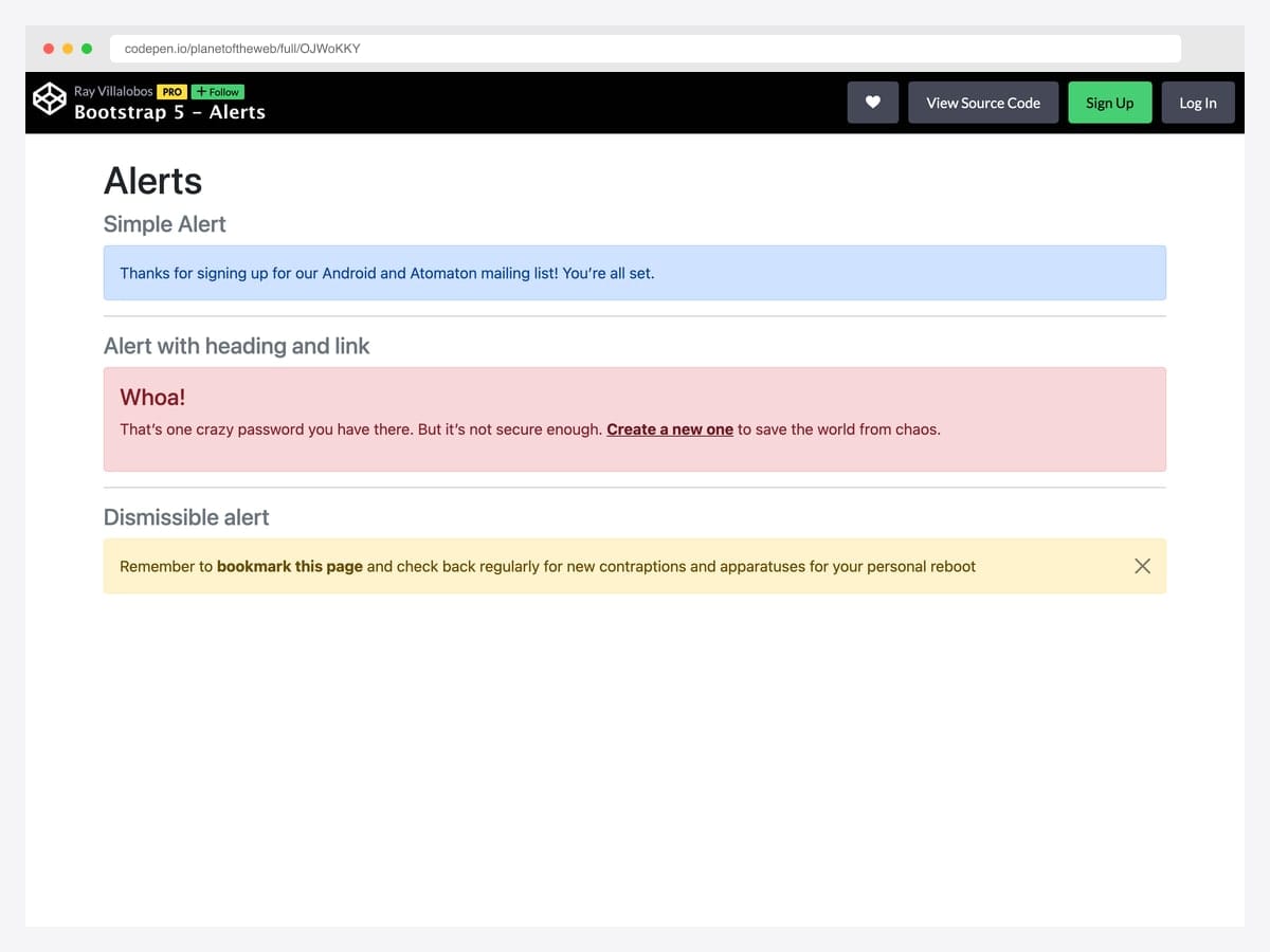 Ray Villalobos's Bootstrap 5 alert reference set showing simple, headed-with-link, and dismissible variants on a teaching page
