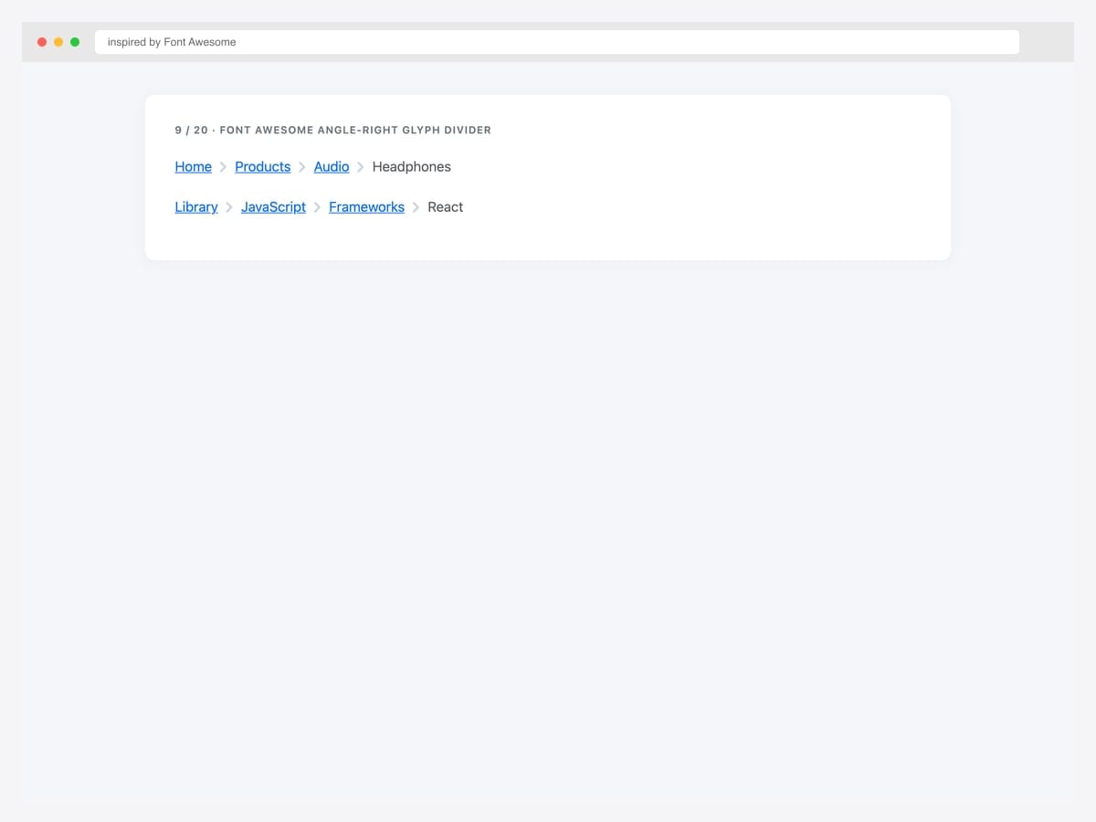 Bootstrap breadcrumb with Font Awesome angle-right glyph divider — \f105 character rendered via ::before pseudo-element on breadcrumb items