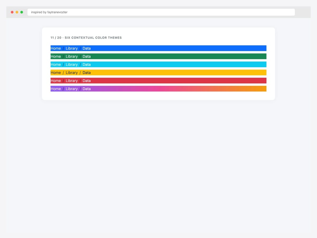 Bootstrap breadcrumb in six contextual color themes — primary, success, info, warning, danger, and a rainbow gradient variant stacked vertically
