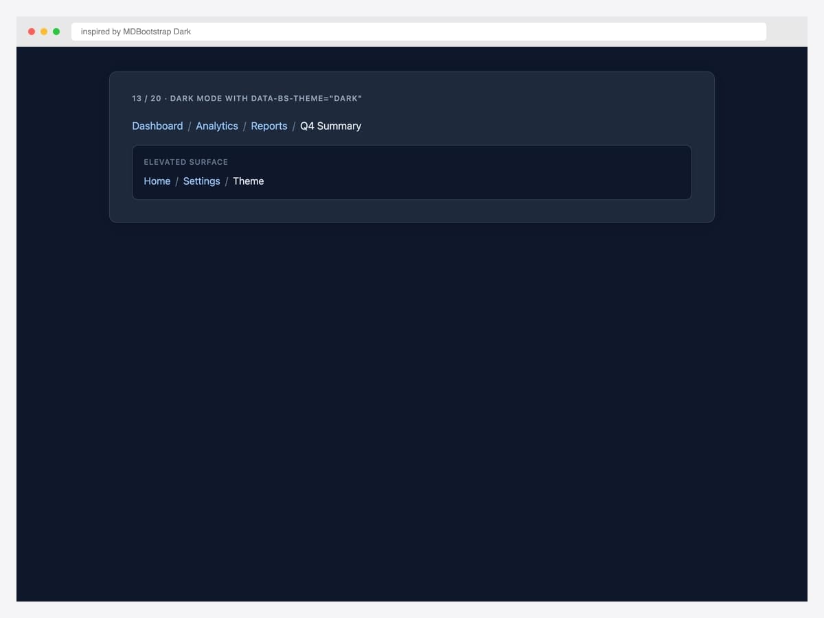 Bootstrap dark mode breadcrumb — data-bs-theme dark with sky-blue links on a dark navy background plus an elevated tile