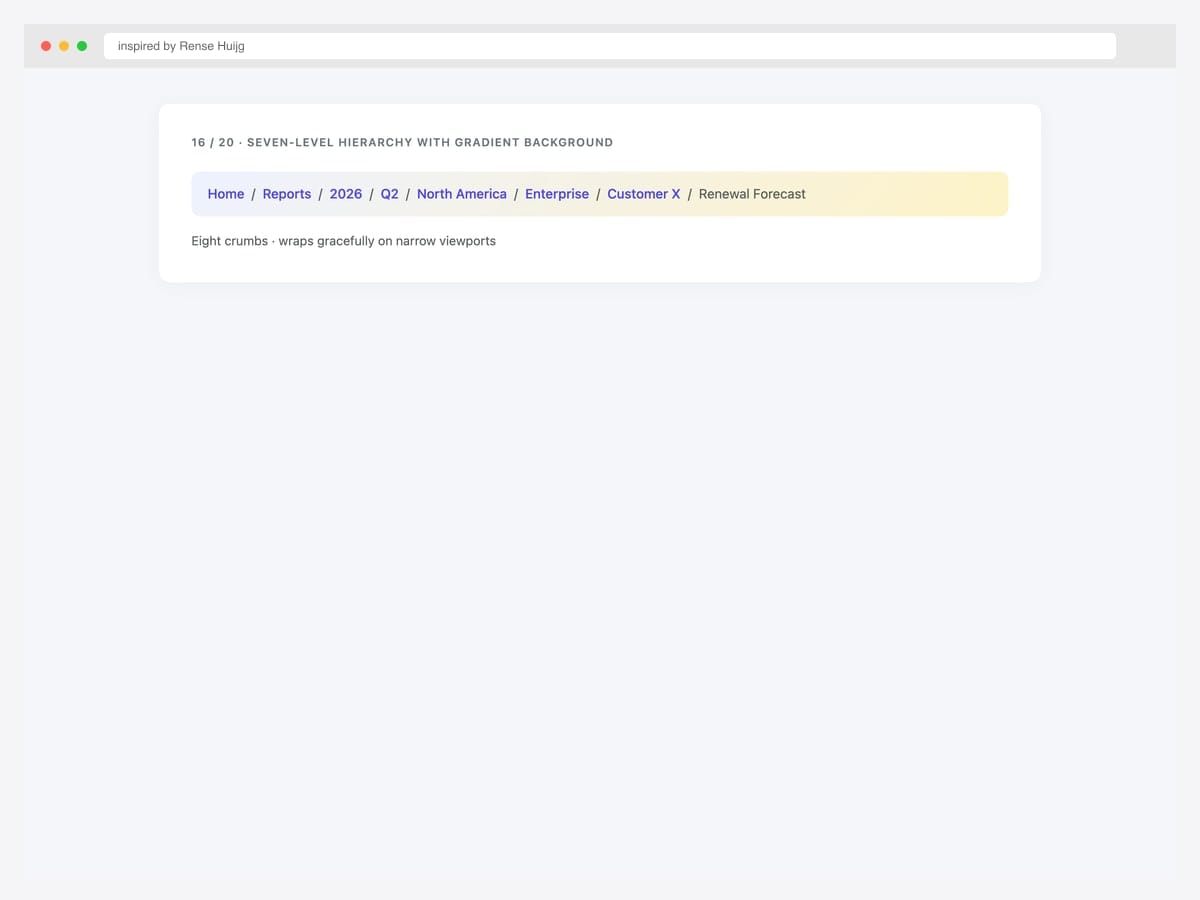 Bootstrap deep seven-level breadcrumb hierarchy — eight crumbs wrapped gracefully on a soft gradient background showing scalability