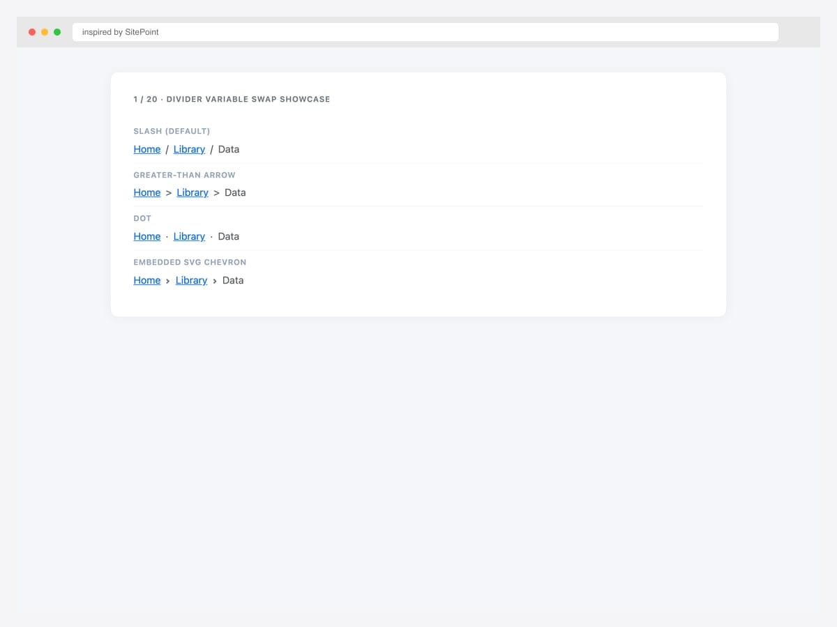 Bootstrap breadcrumb divider showcase — four side-by-side variations using --bs-breadcrumb-divider for slash, arrow, dot, and embedded SVG chevron